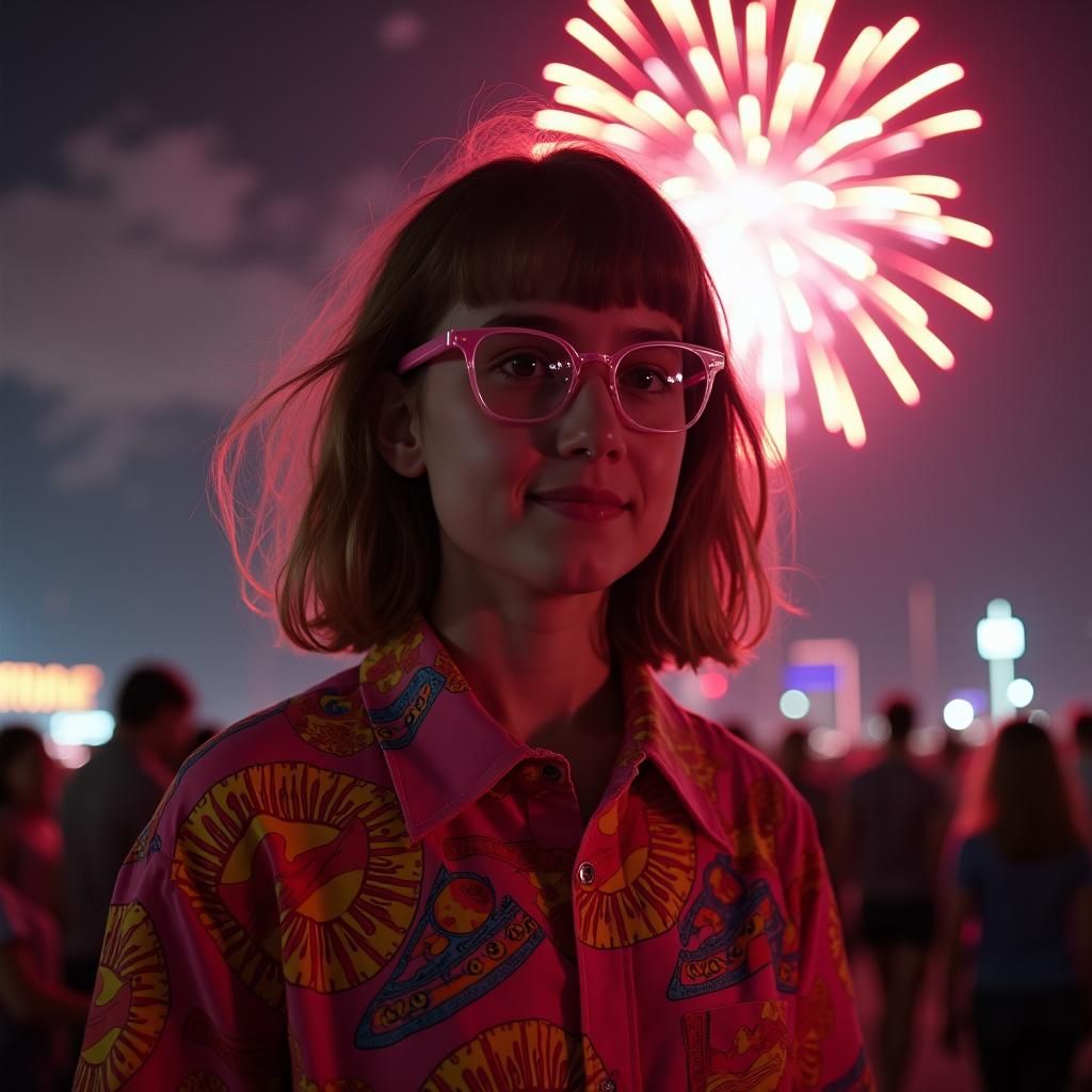 Woman in 80s Shirt at Fireworks Display