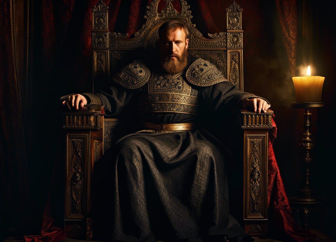 Macbeth on Throne: Dramatic Lighting, Hyperrealistic Detail