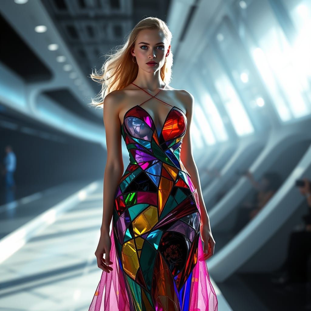 Cyberpunk Fashion Model in Shattered Stained Glass Gown