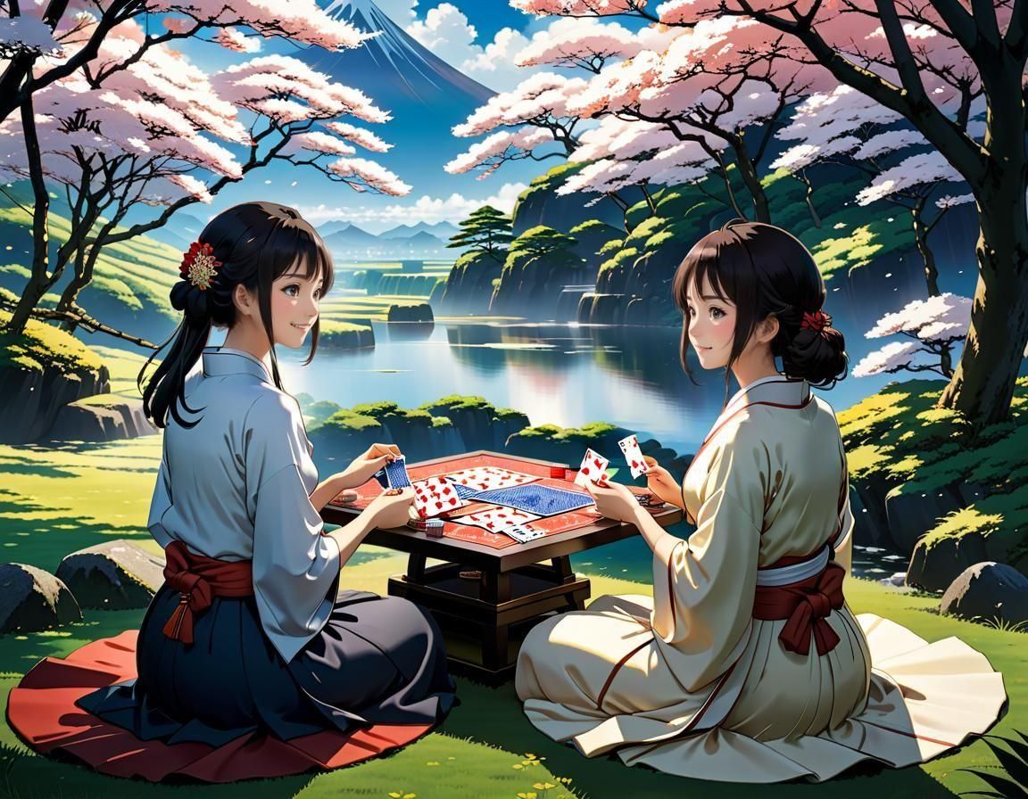 Elegant Japanese Girls Playing Cards in Anime Style