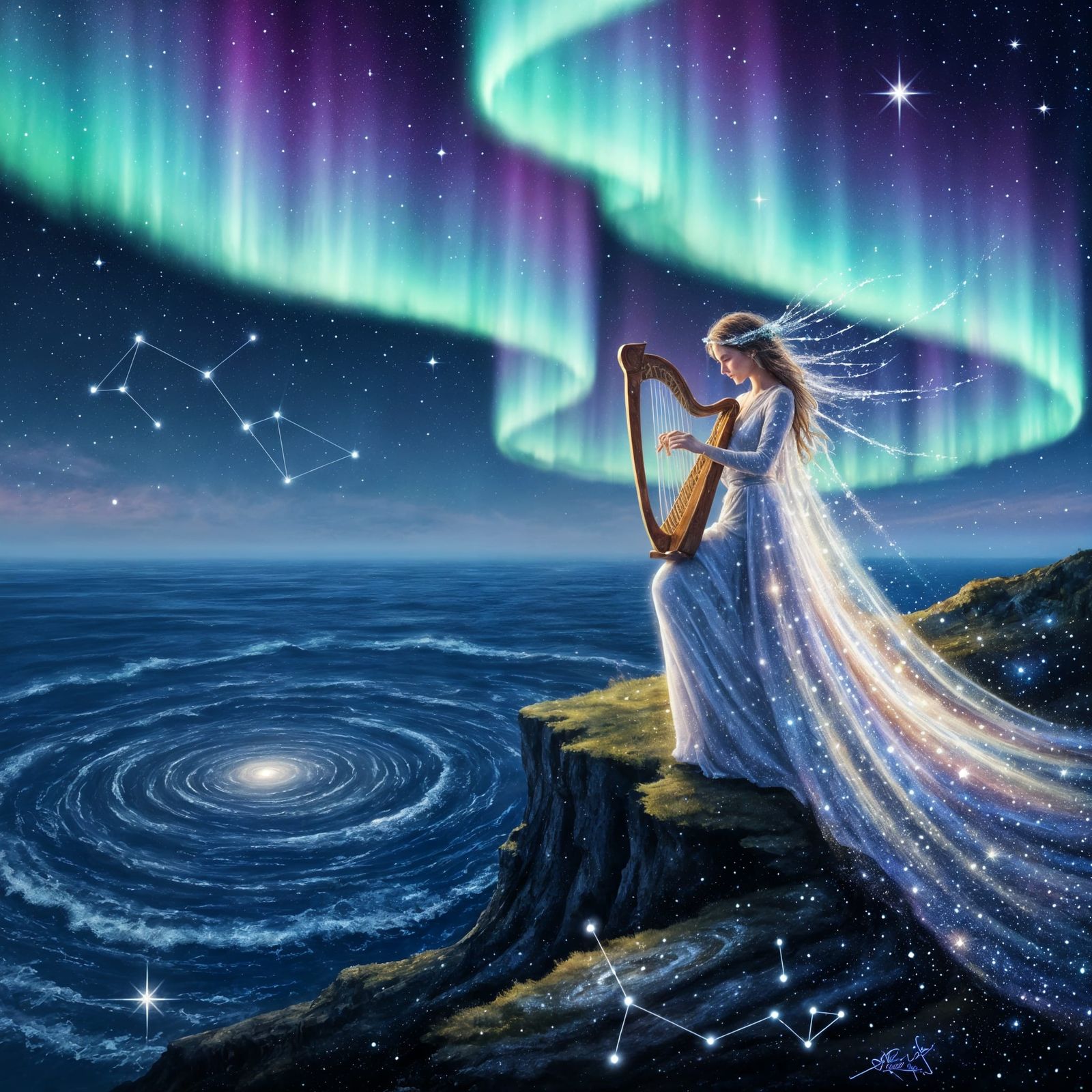 Celestial Goddess Plays Harp Amidst Cosmic Ocean and Aurora ...