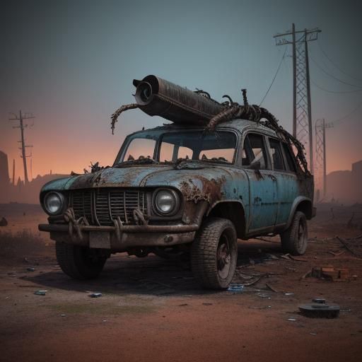 Post-Apocalyptic Zombie Car Wreck in Dark Fantasy Style