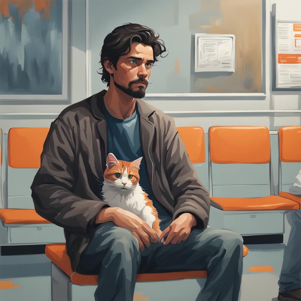 Concerned Man with Cat in Emergency Room