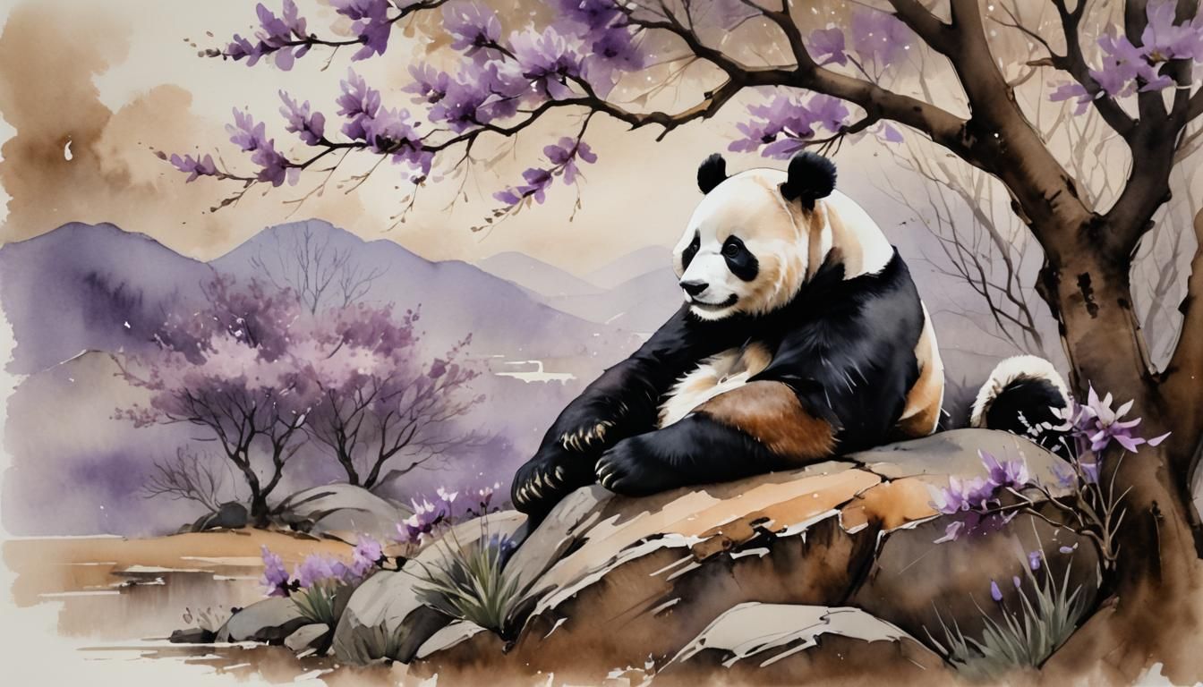 Panda's Dream: Watercolour Nap Under Magnolia Tree