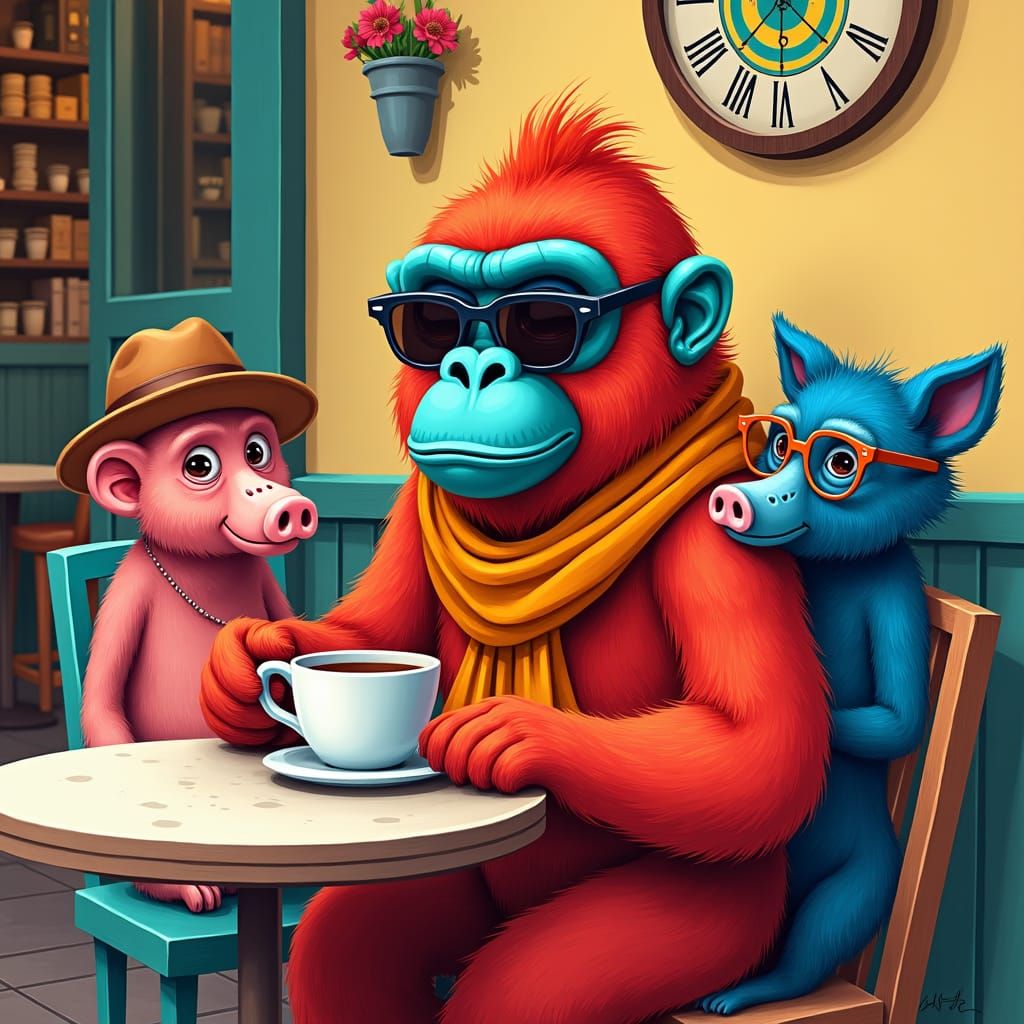 Red Gorilla Coffee Break: Colorful Cafe Scene
