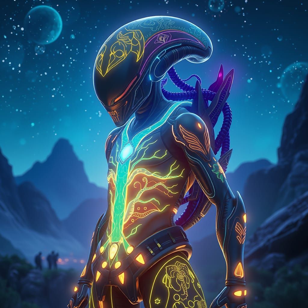 Glowing Alien Warrior in Futuristic Combat Suit