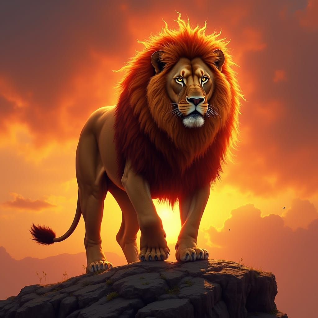 Lion with Flaming Mane at Sunset, Photorealistic Art