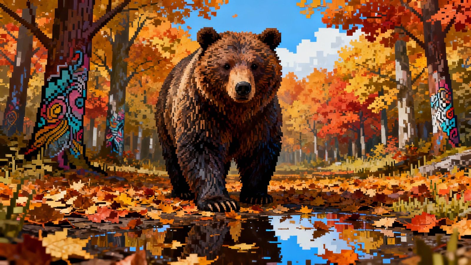 Hyperrealistic Bear in Autumn Forest, Pixelated Detail