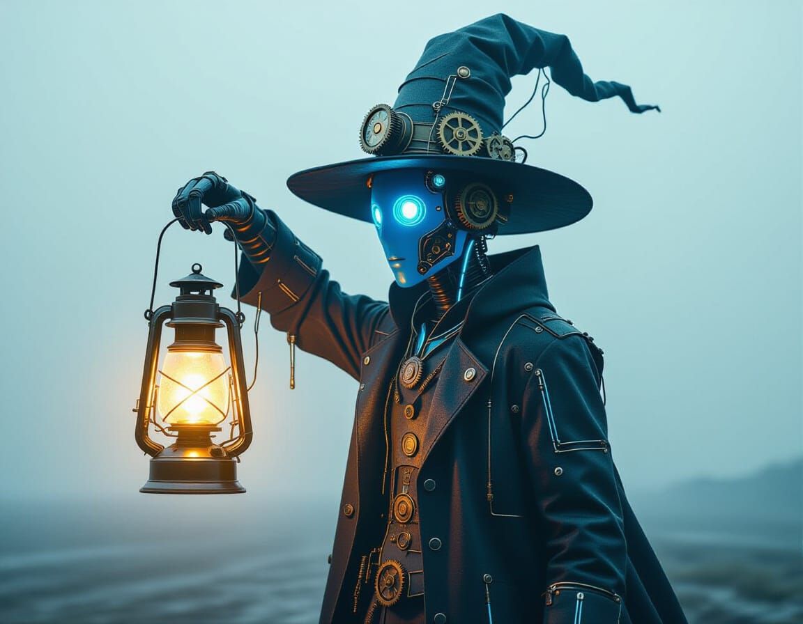Steampunk Humanoid Wanderer in a Dark Void