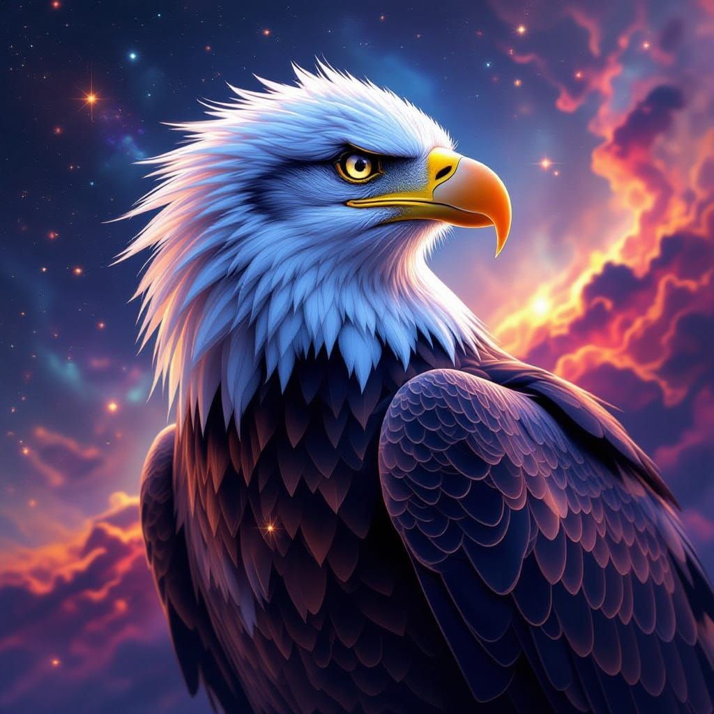Hyperdetailed Eagle with Geometric Feathers in Cosmic Space