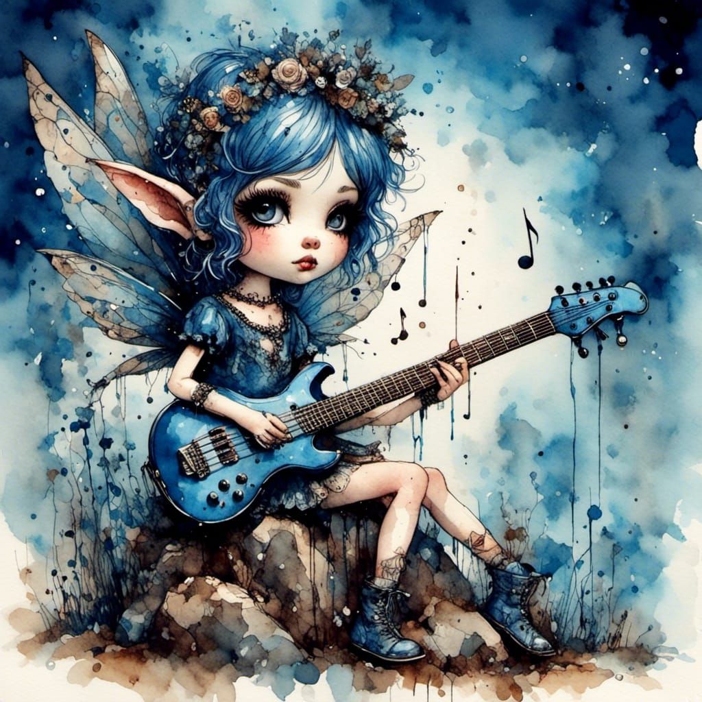 Sapphire Pixie Plays Rock Band in Watercolor Style