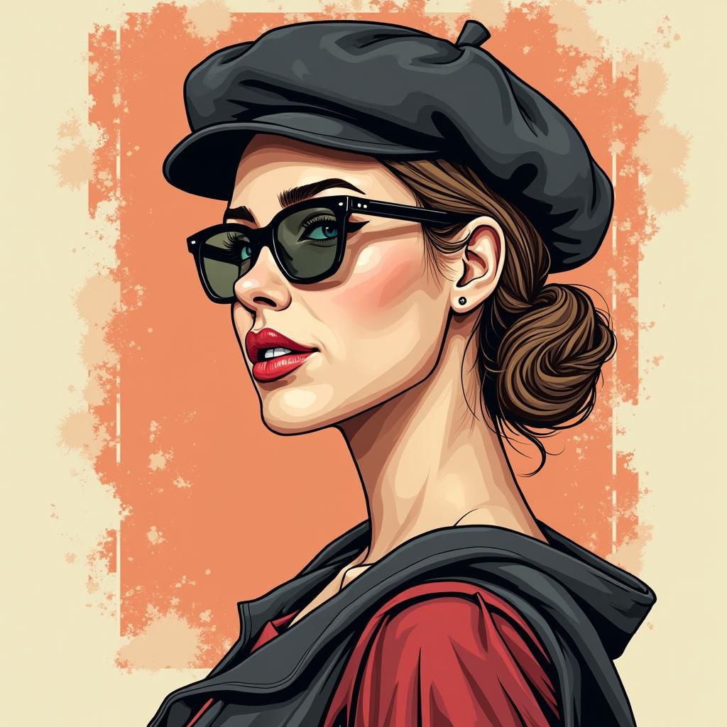 Stylish Woman with Beret in Screen Print Style