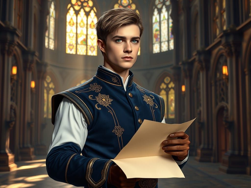 Medieval Prince Contemplates Royal Invitation in Grand Castl...