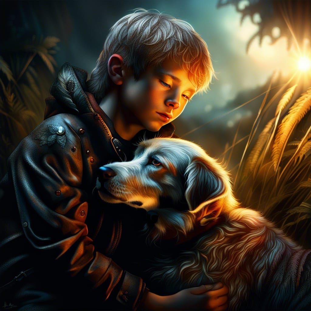 Boy and Dog Embrace in Mystical Landscape