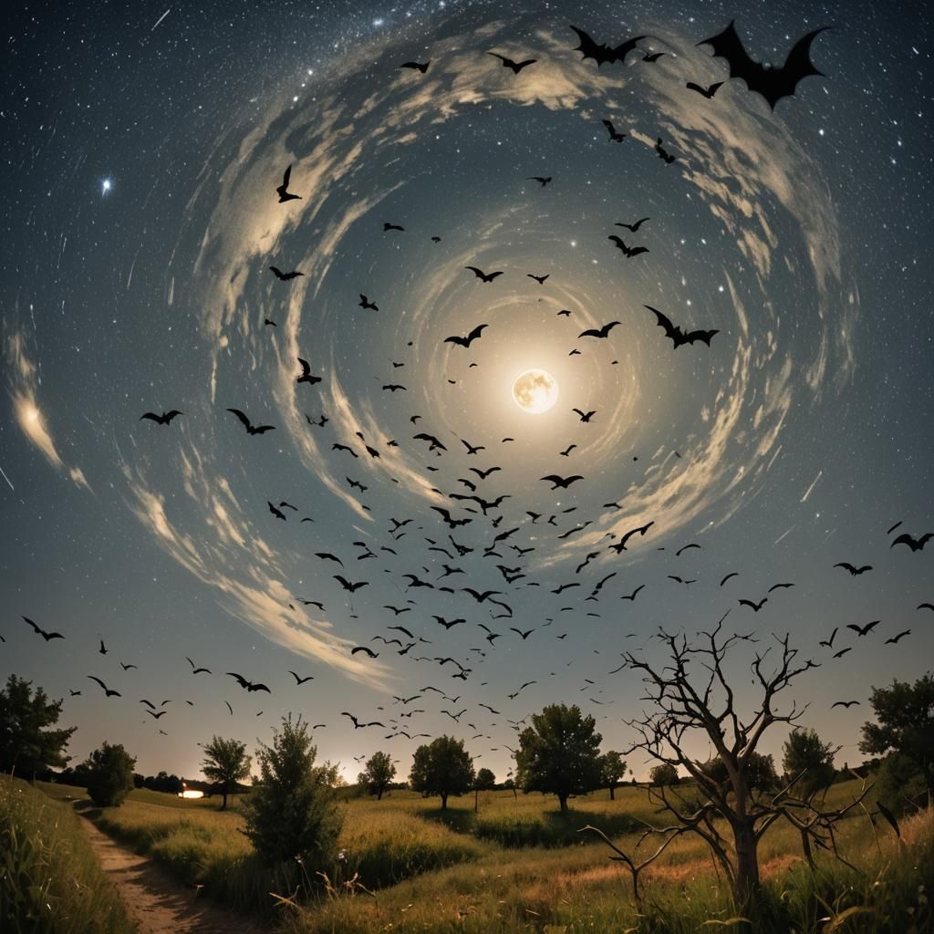 Harvest Moon and Bats in Comic Art Style