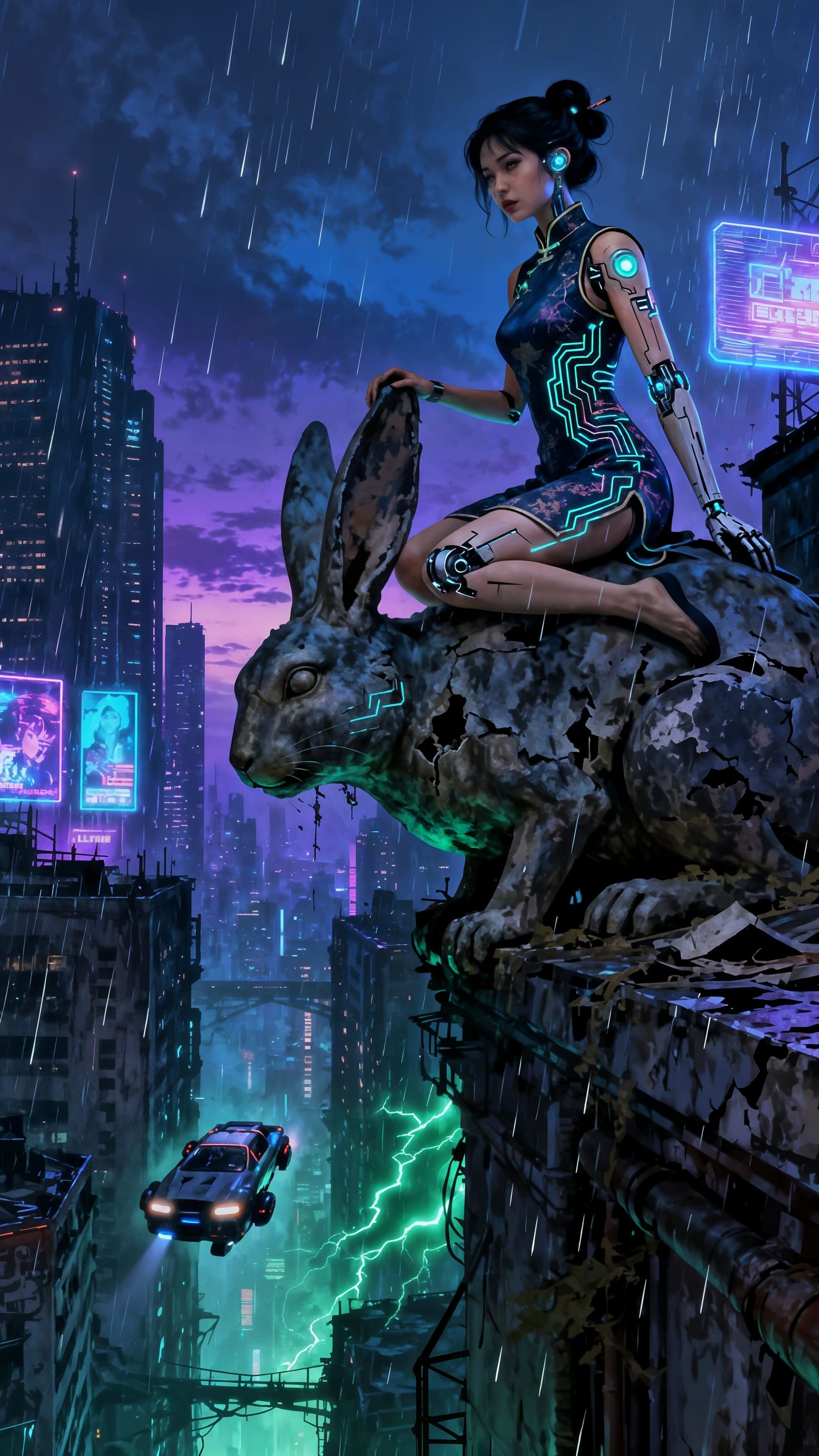 Cyborg Woman on Gargoyle in Cyberpunk Cityscape