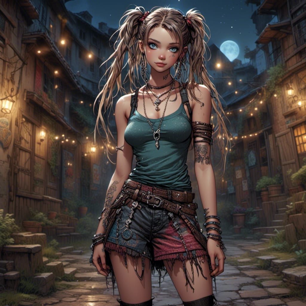 Boho Punk Girl in Mystical Village
