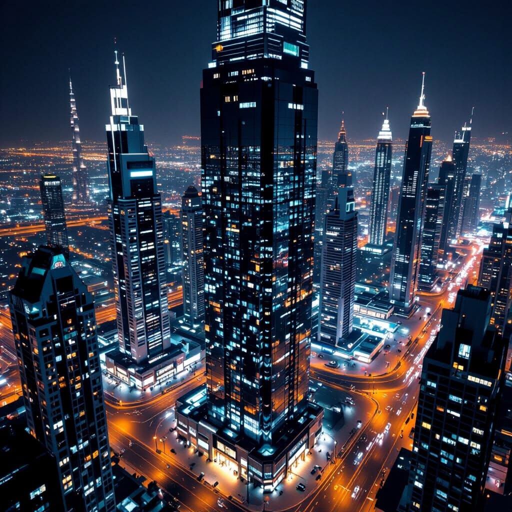 Dubai By Night: Drone View of Sparkling City Lights on Mirro...