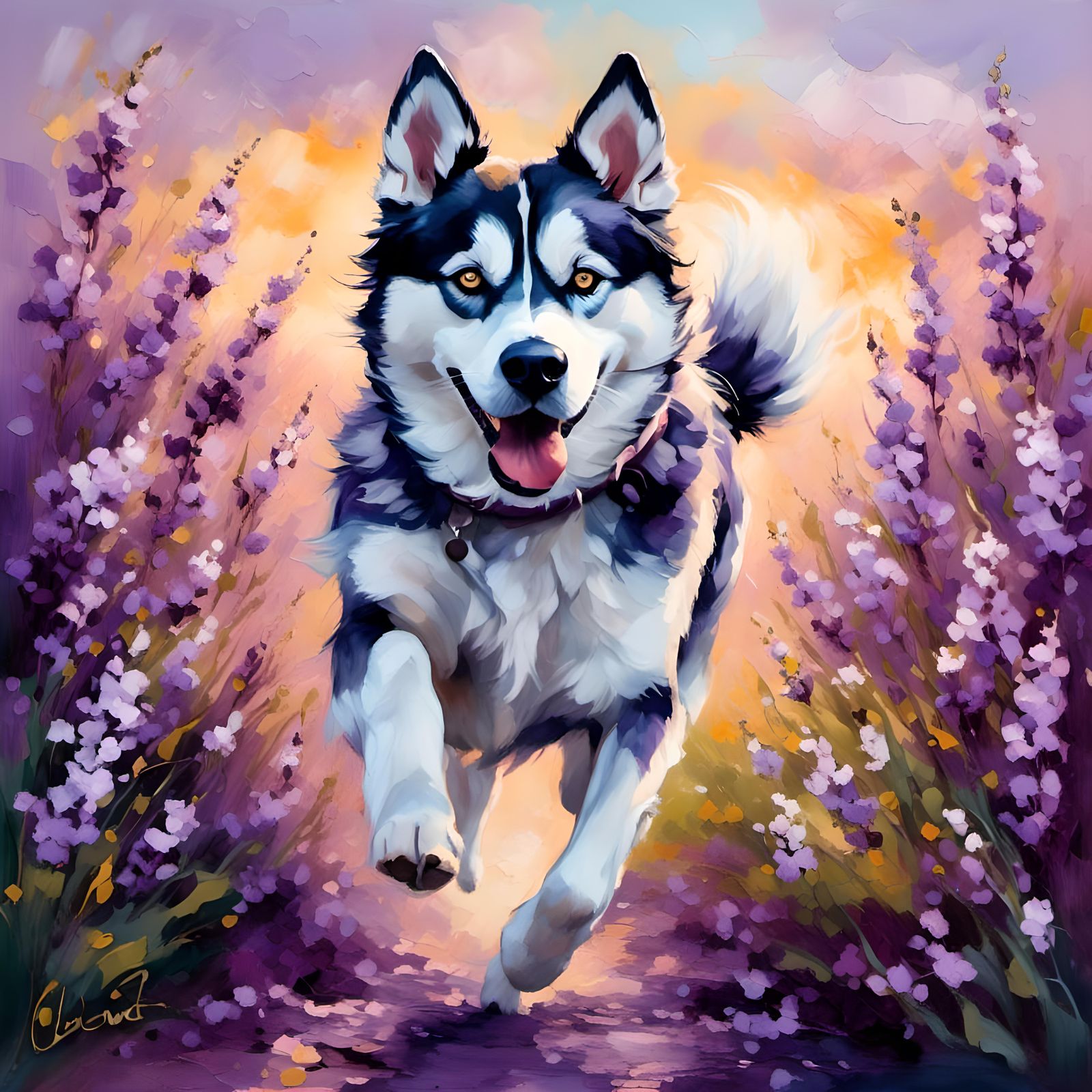 Husky Races Through Lilac Field: Ink Wash Art