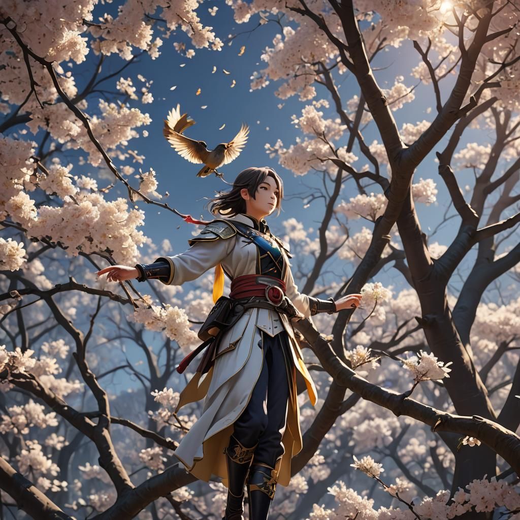 Anime Sunrise Scene with Flowering Trees