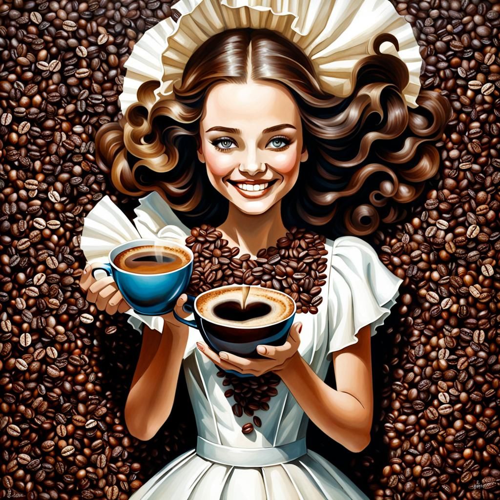 Elegant Coffee Woman in Airbrush Illustration Style