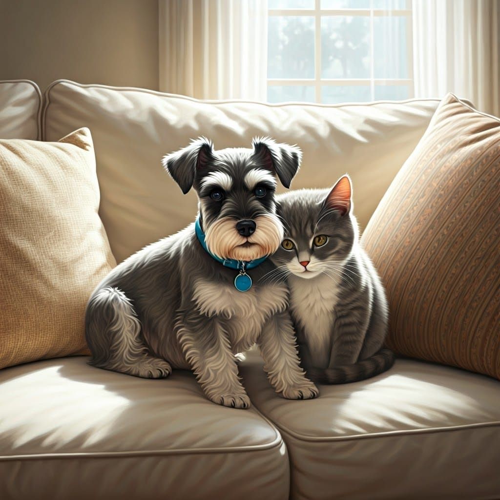 Miniature Schnauzer and Cat Snuggle in Cozy Living Room