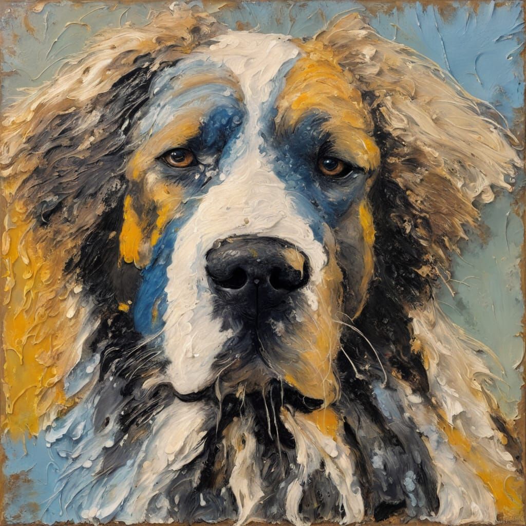 Encaustic Wax Drip Painting of a Fluffy Dog