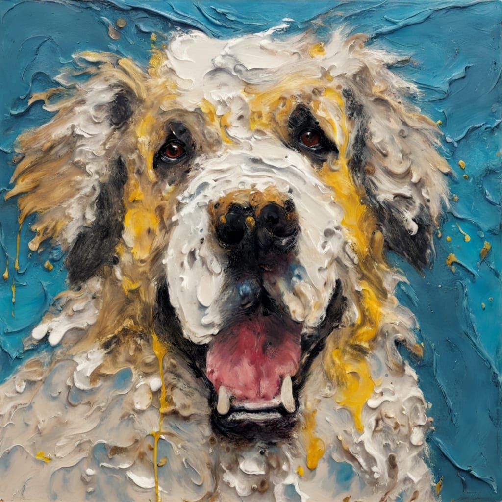 Encaustic Wax Drip Painting of Fluffy Dog