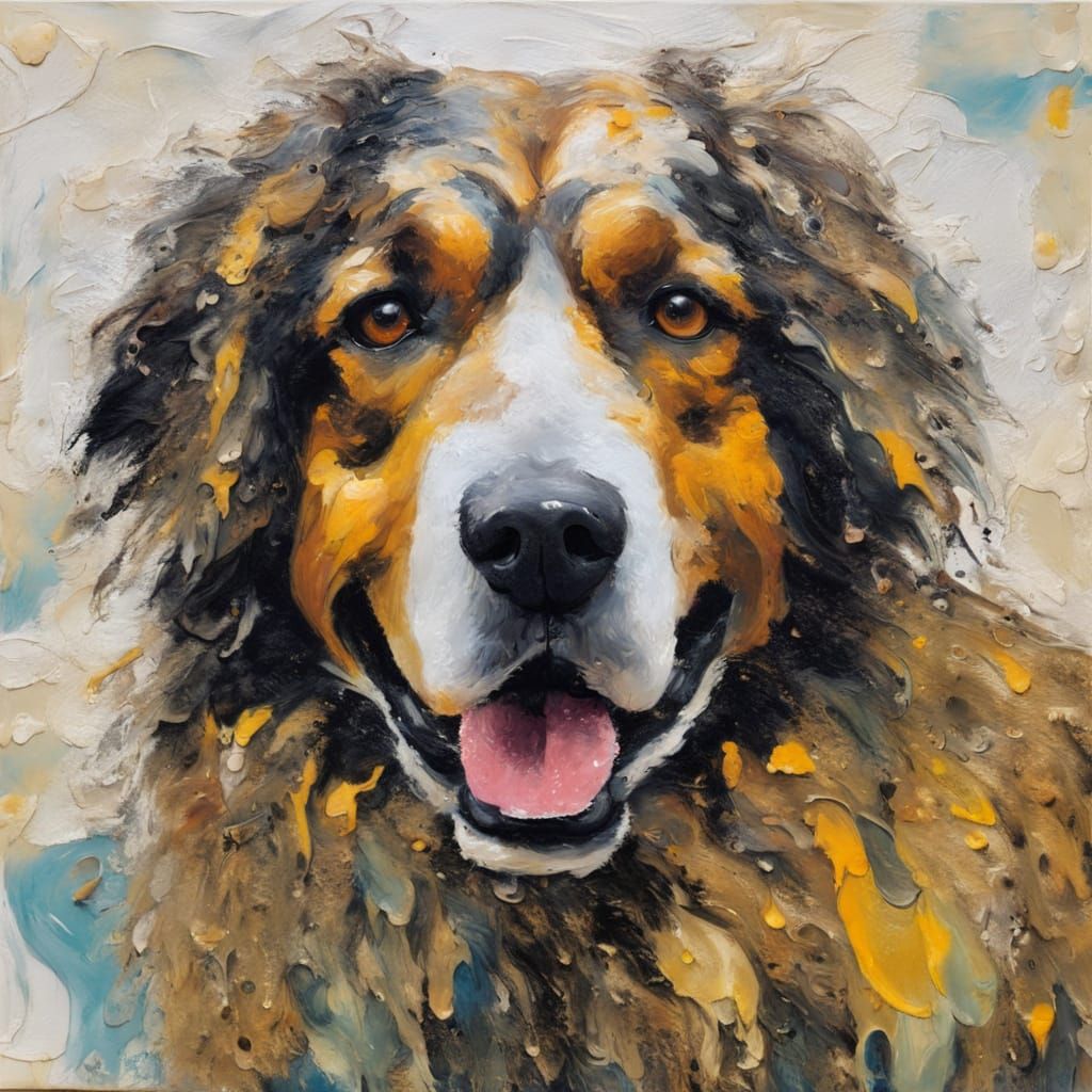 Fluffy Mixed Breed Dog in Encaustic Wax Style