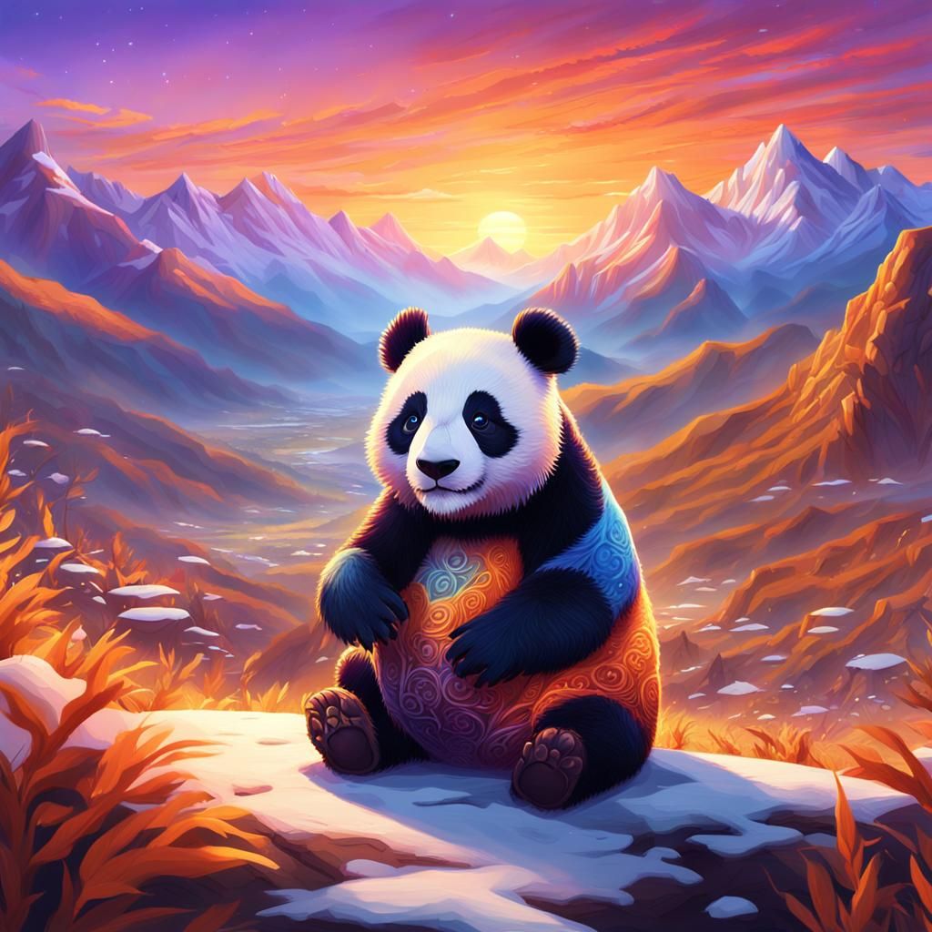 Panda in Valley at Sunset: Fantasy Matte Painting
