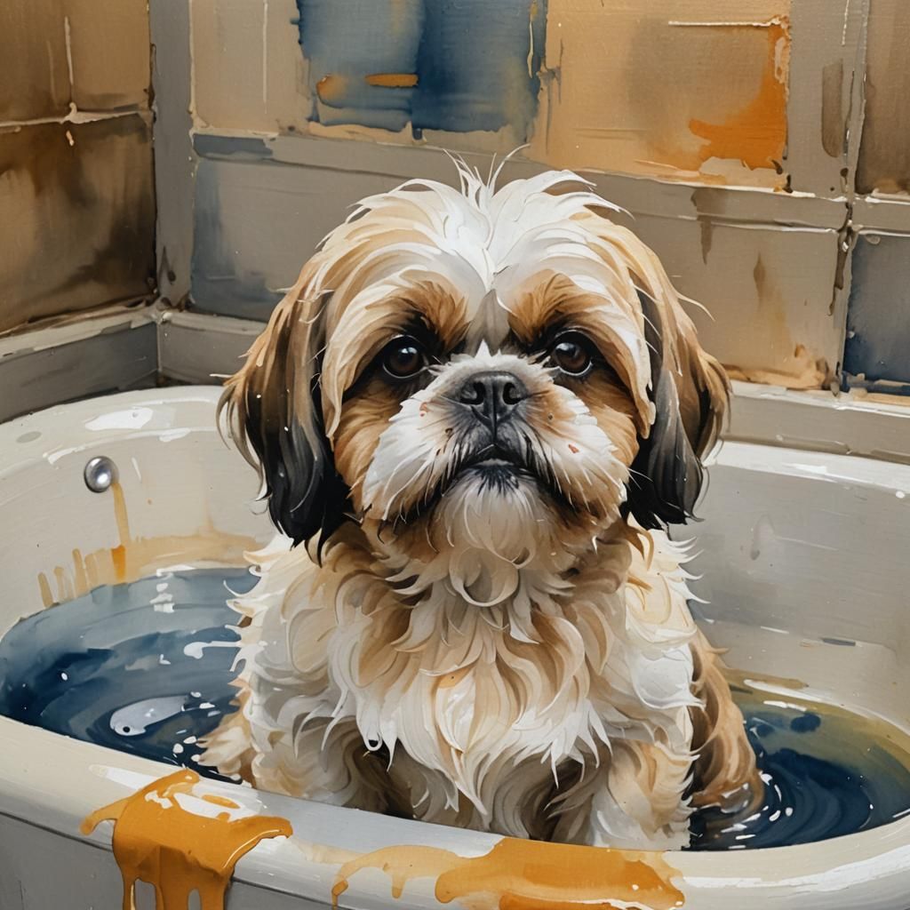 Shih Tzu Portrait in Gouache Watercolor Impasto