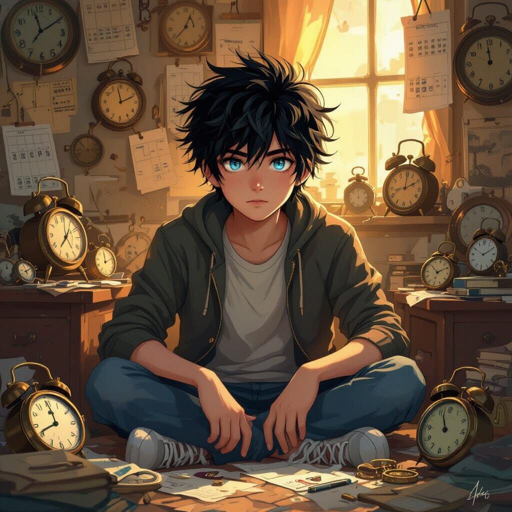 Boy Amidst Clocks in Golden Light, Realistic Style