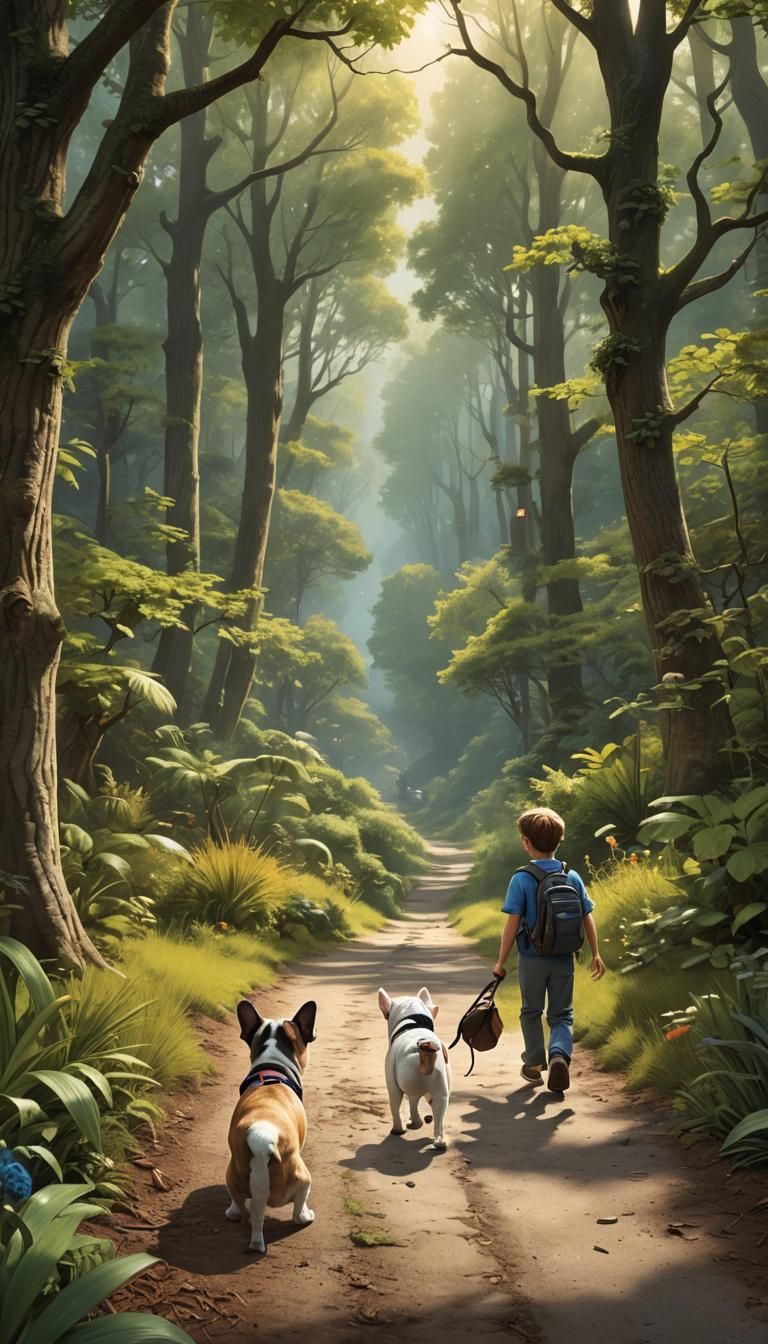 Personalized children's book illustration of "Harry And Sam's Adventure "Storyline, Harry and his pet French Bulldog Go...