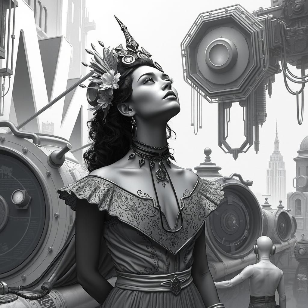 Woman in Aetherpunk Machinery: A Black and White Digital Ill...