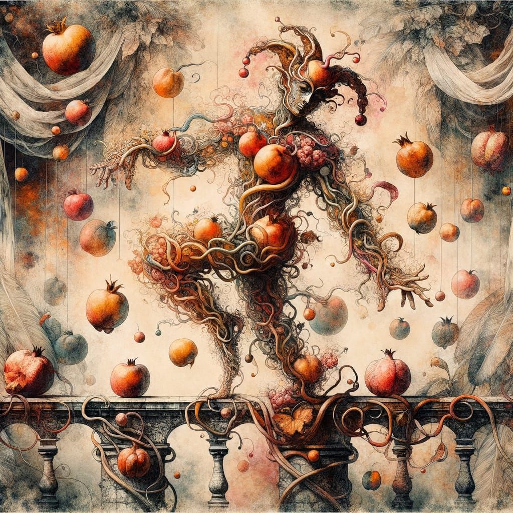 Fruit Jester in Baroque Etching Style