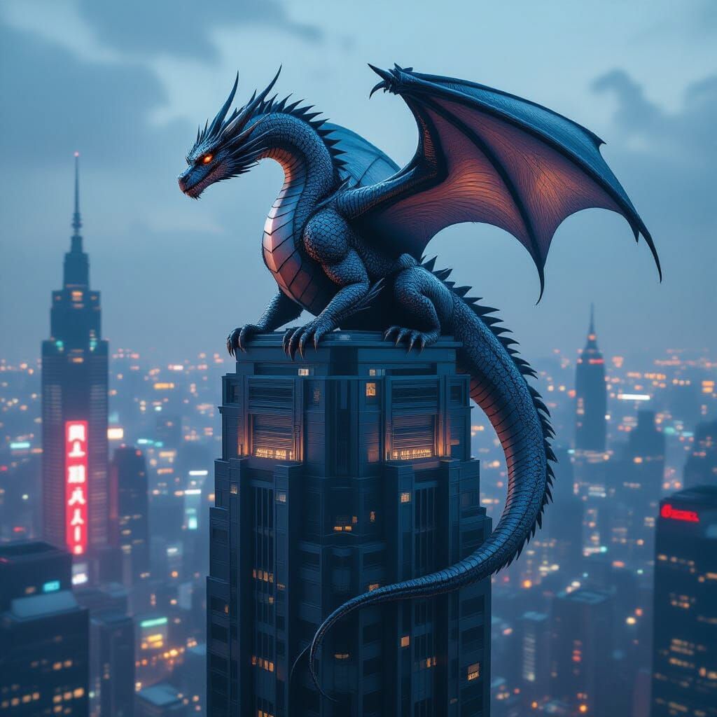 Cyberpunk Dragon Perched Atop Futuristic Skyscraper