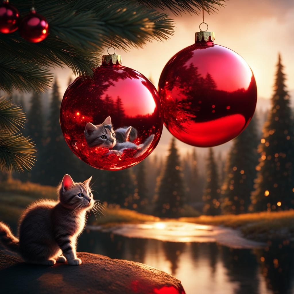 Kitten Reflections on Christmas Ornament: Detailed Matte Pai...