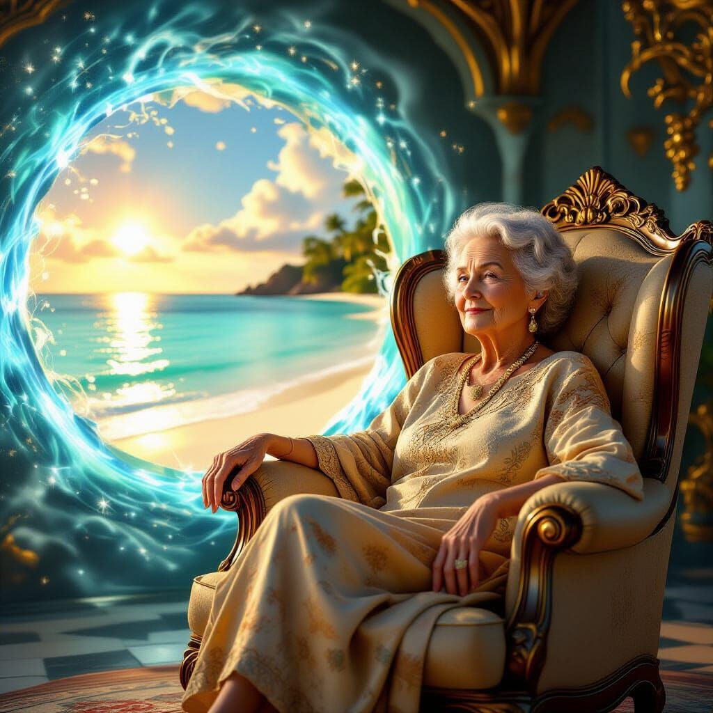 Elderly Woman Gazes at Vibrant Magic Portal