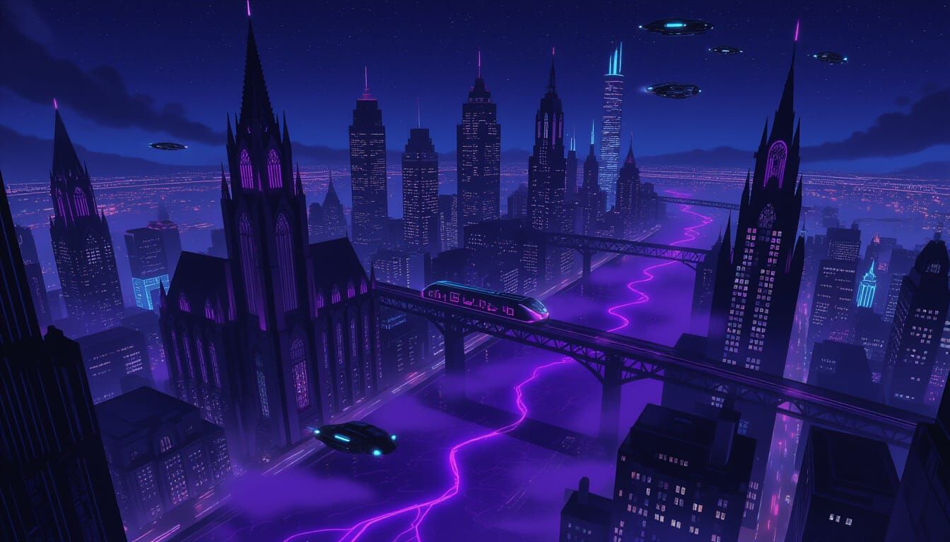 Cyberpunk Victorian Cityscape from Skyscraper View