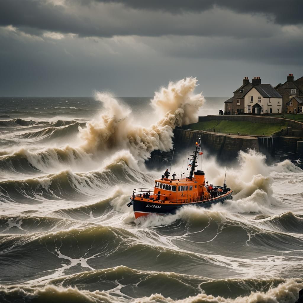 Lifeboat Launch into Stormy Sea, 1940s Photography
