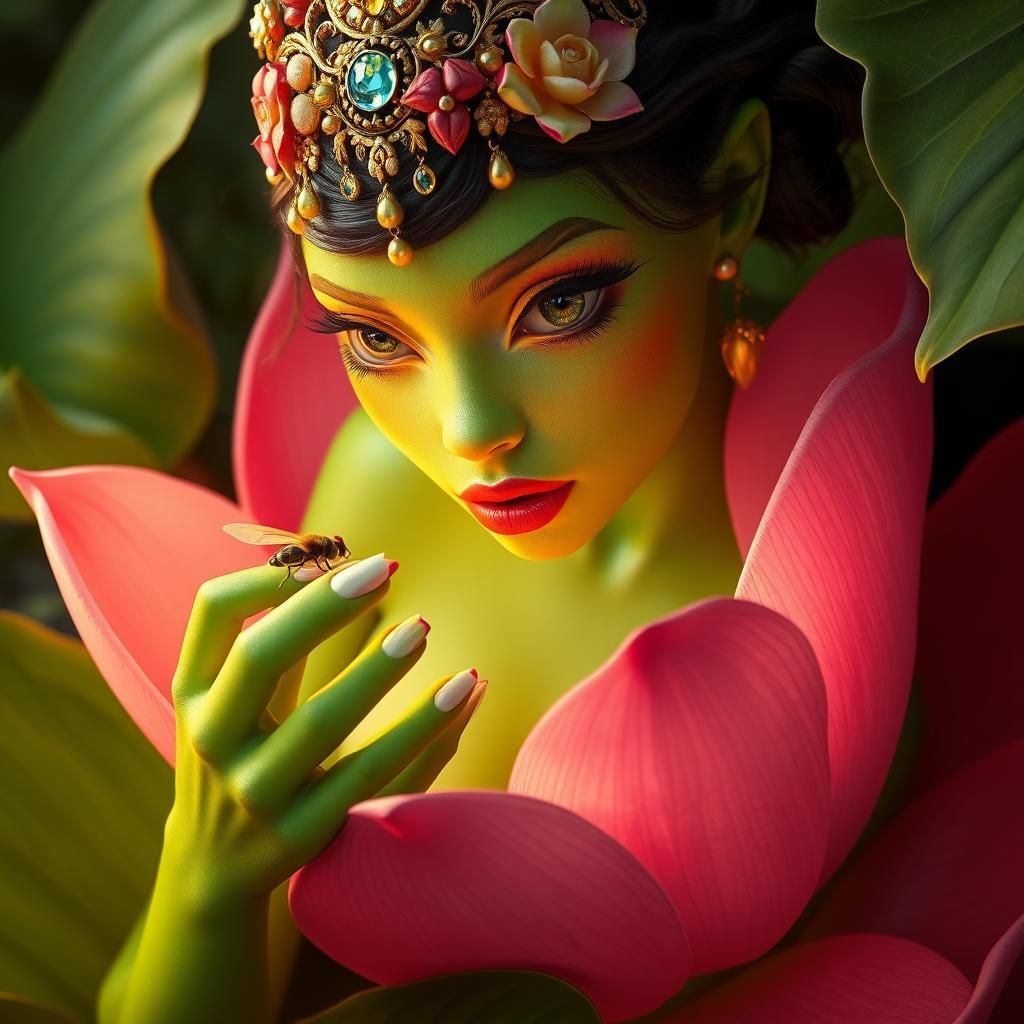 Beautiful Frog Woman with Fly in Art Nouveau Style