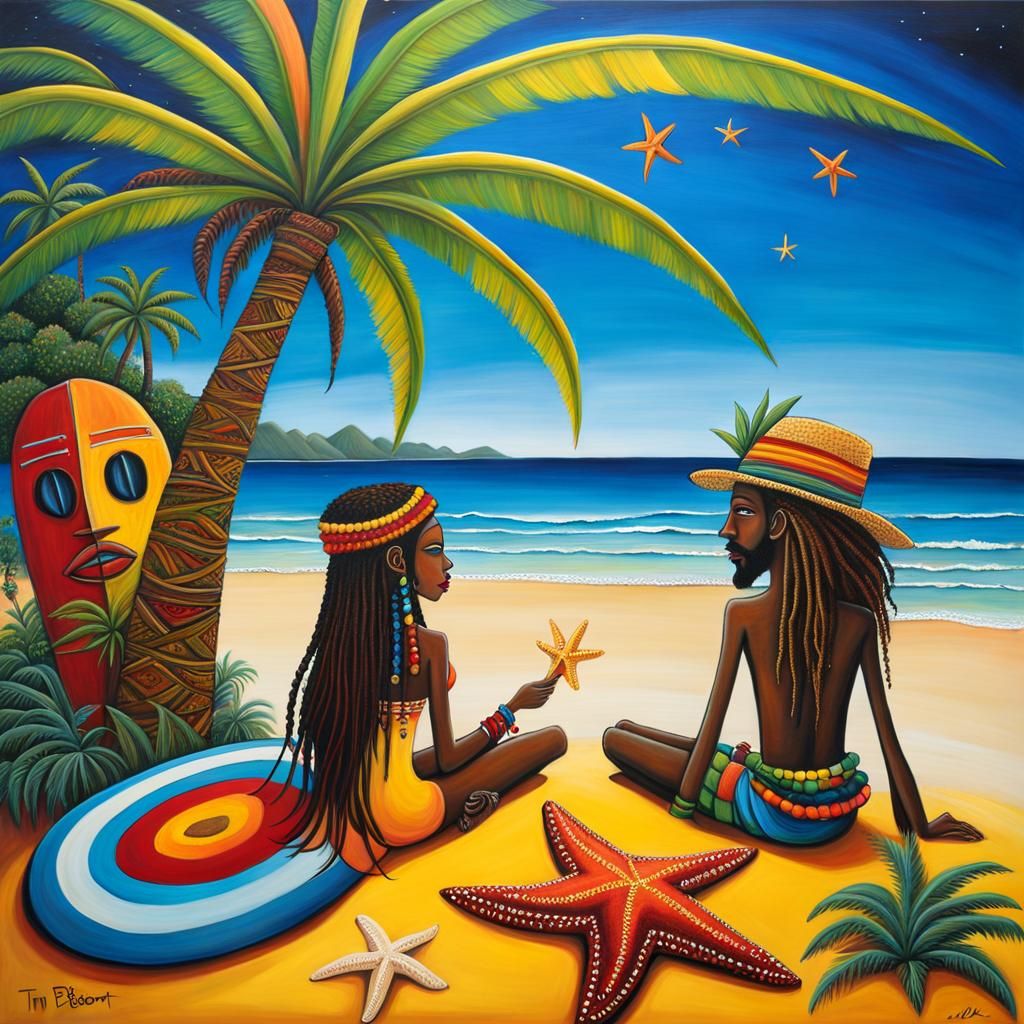 Rastafarian Couple on Beach in Art Brut Style