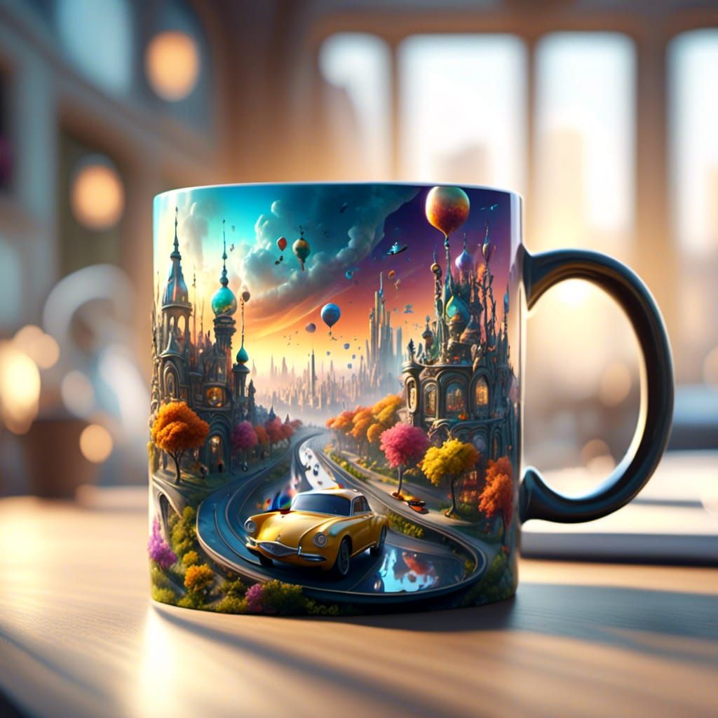 A colorful busy city on top of a <lora:Cupestetic:1.0> cup/mug. Beautiful swirly sky, deep color triadic colors thermal ...