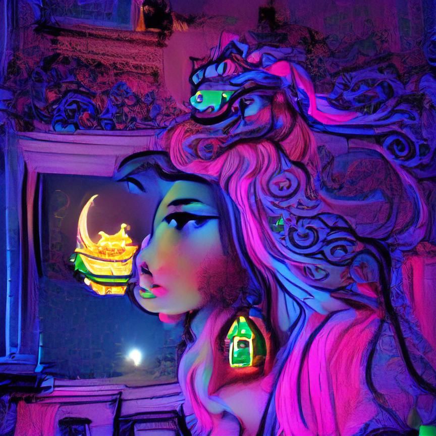 Mystical Woman Watching Neon Moon