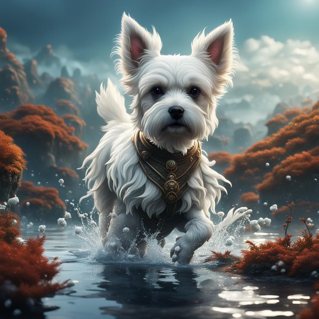 Small White Dog in Water: Fantasy Concept Art