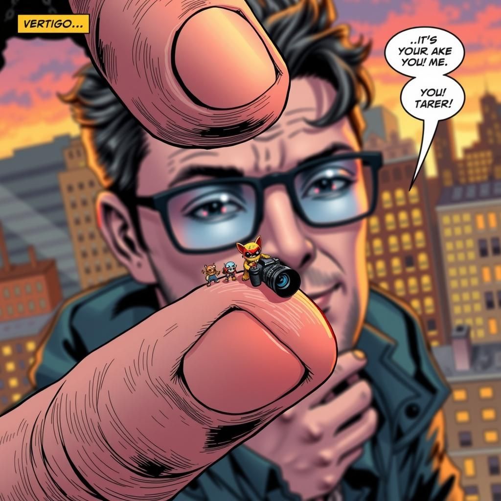 Comic Book Panel of Miniature Figures on Finger