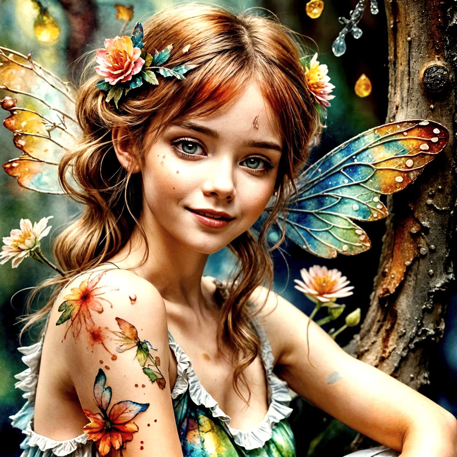 Wood Fairy with Wings in Watercolor Style