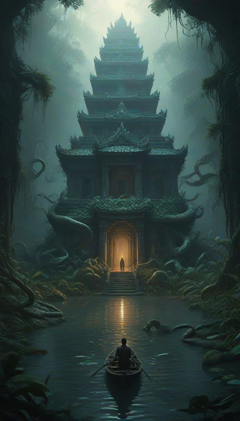 Mystical Temple Guarded by Snakes in Jungle Mist