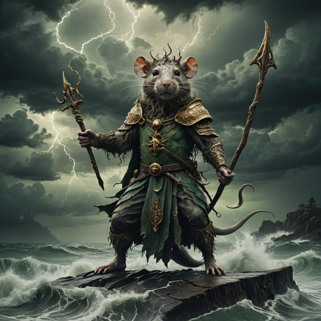 English Rat God on Stormy Ocean in Dark Fantasy Art