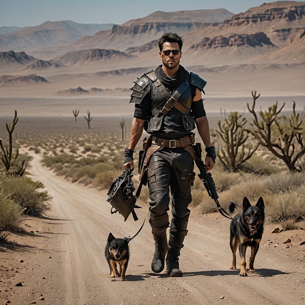 Post-Apocalyptic Warrior and Dog in Barren Landscape